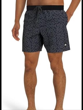 Quiksilver Men's Black and Charcoal Geometric Swim Trunks
